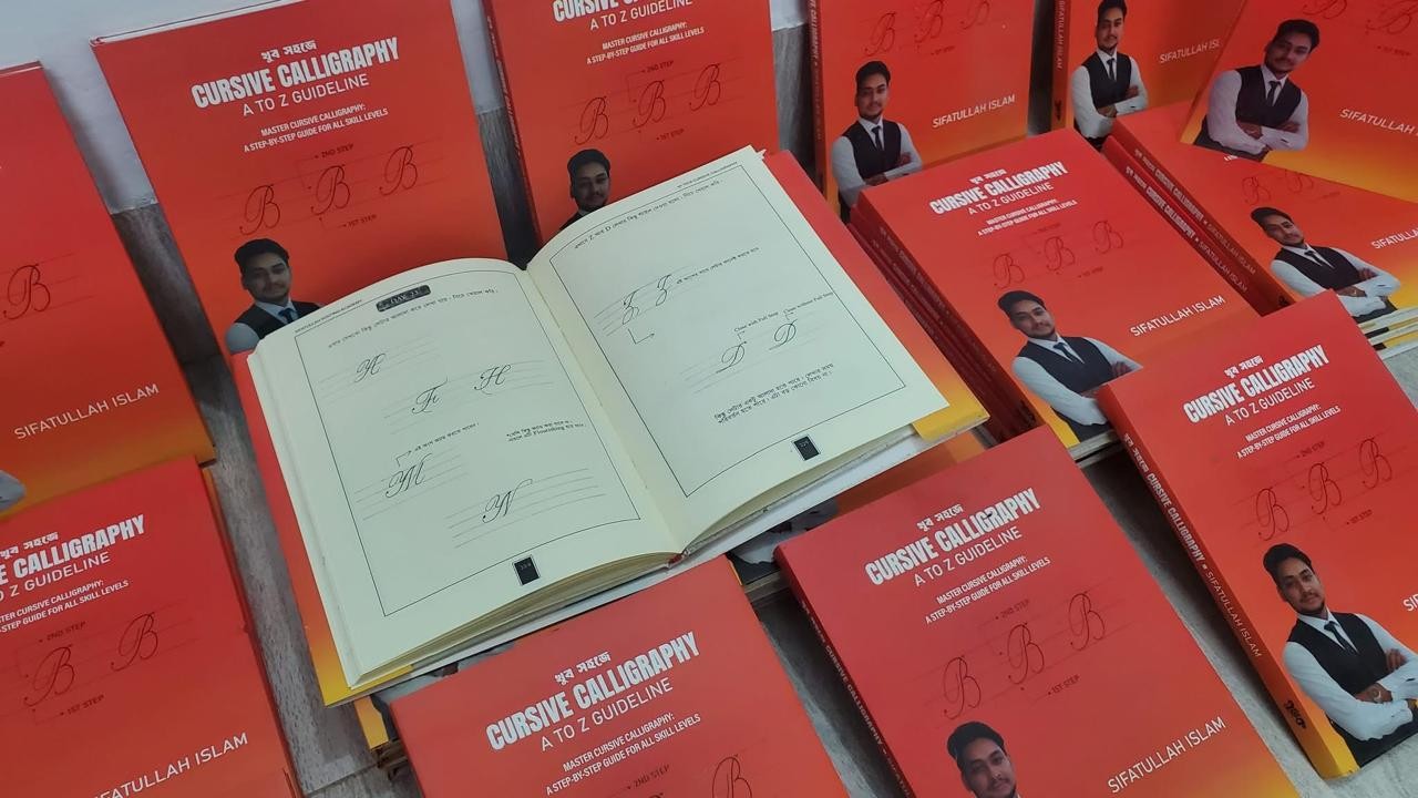 Inside the book: an open day-by-day lesson spread surrounded by printed copies of Khub Shohoje Cursive Calligraphy